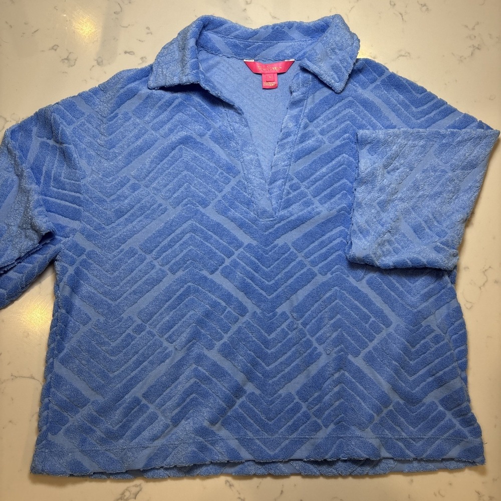 Lilly‎ Pulitzer Belleview Short Sleeve Top in Boca Blue Lilly Zig Zag Women's SM